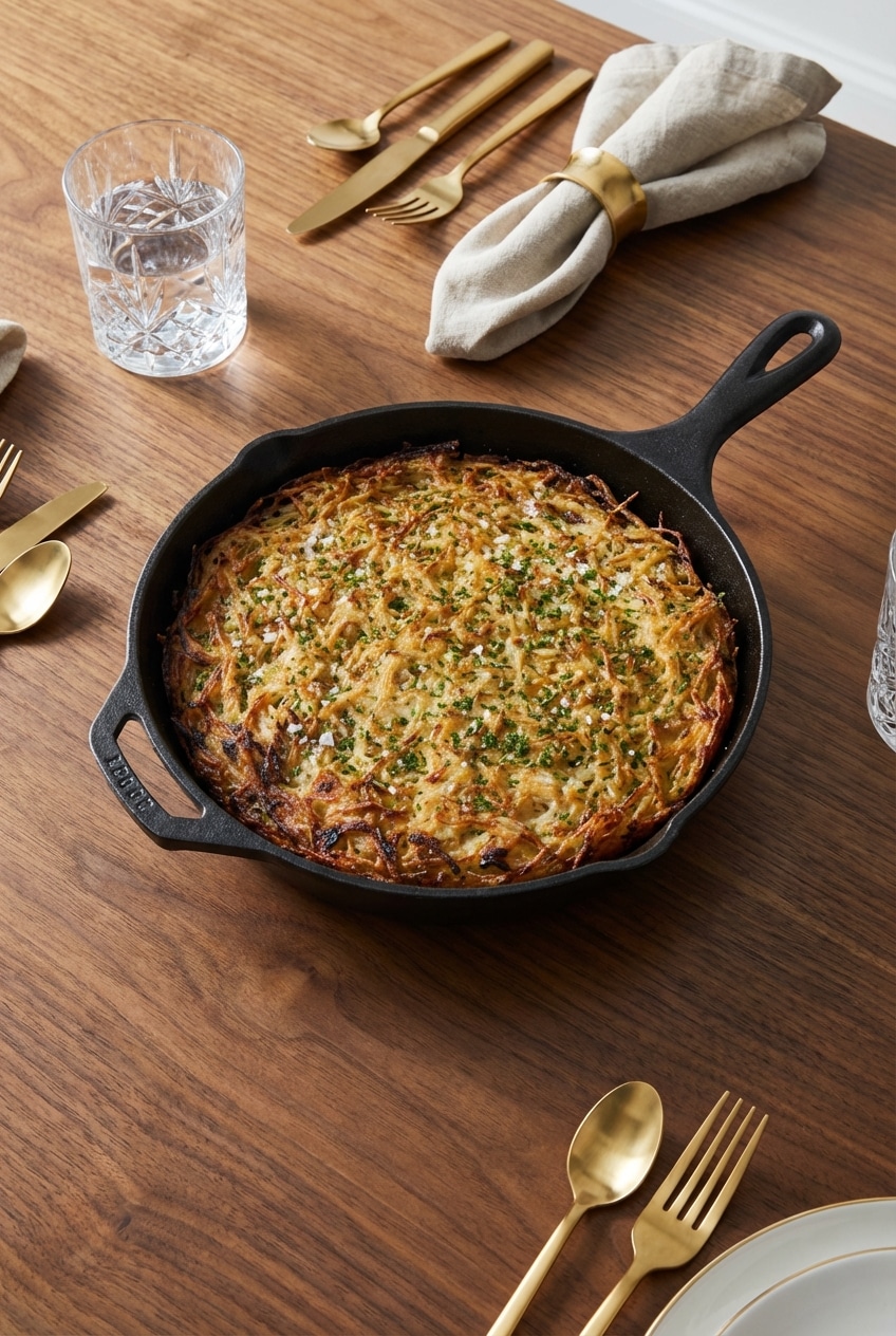A fresh slice from this potato kugel recipe served on a beautiful dinner plate ready for a comforting Shabbat family meal.