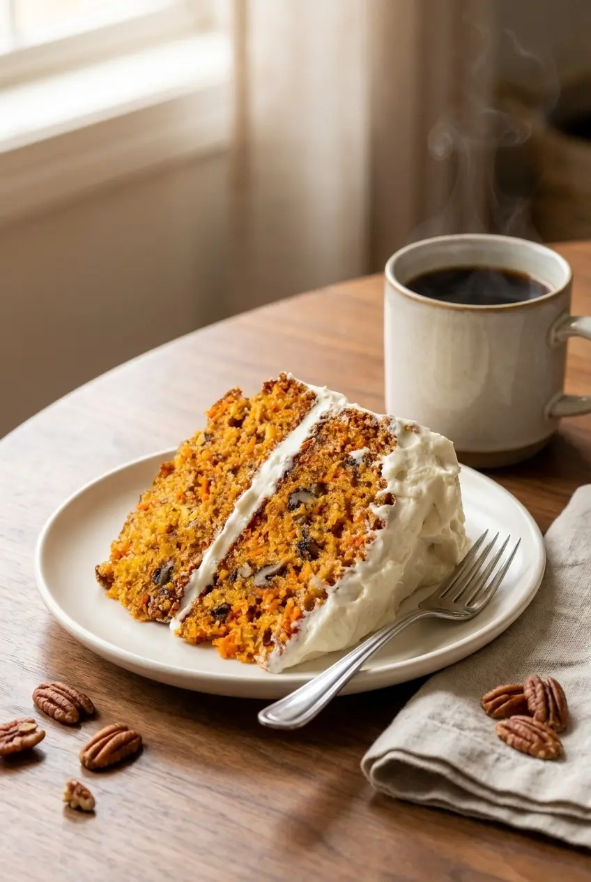 Slices of Amish carrot cake served on a plate, ideal for a cozy dessert or afternoon tea.