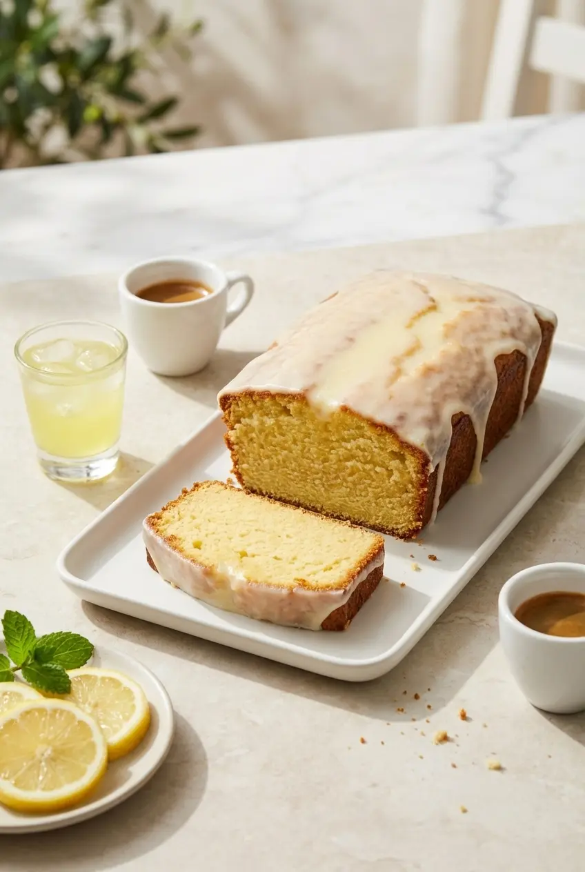 Slices of Italian Lemon Pound Cake served on a plate with a drizzle of bright lemon glaze.
