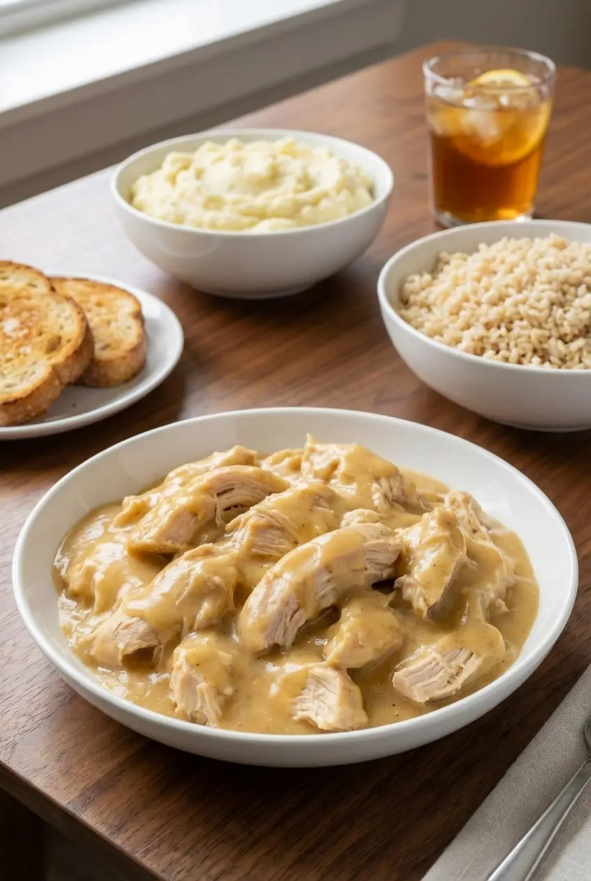 A warm serving of slow cooker chicken and gravy in a bowl, perfect for a comfort food dinner.