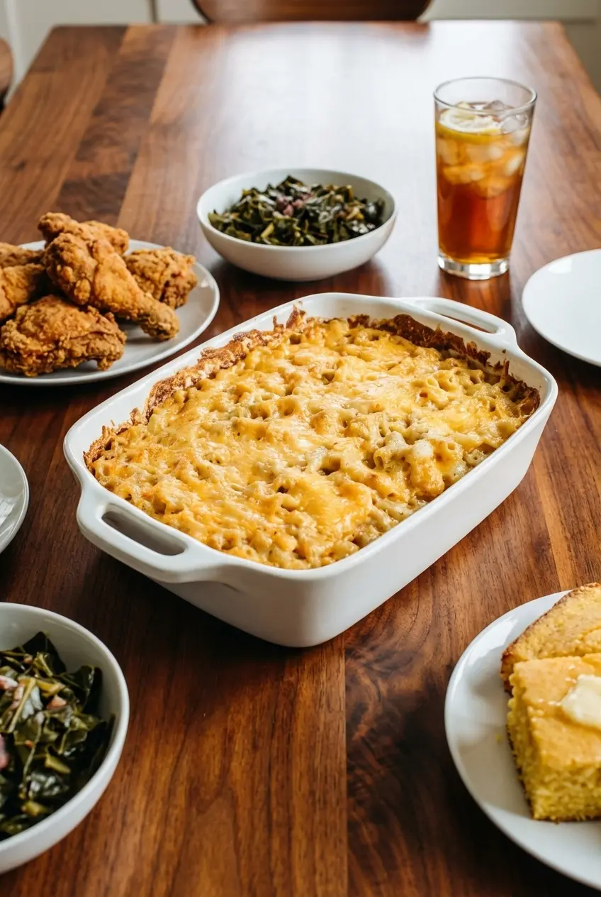 A serving of Southern Baked Mac and Cheese on a plate, ready for a comforting family dinner.