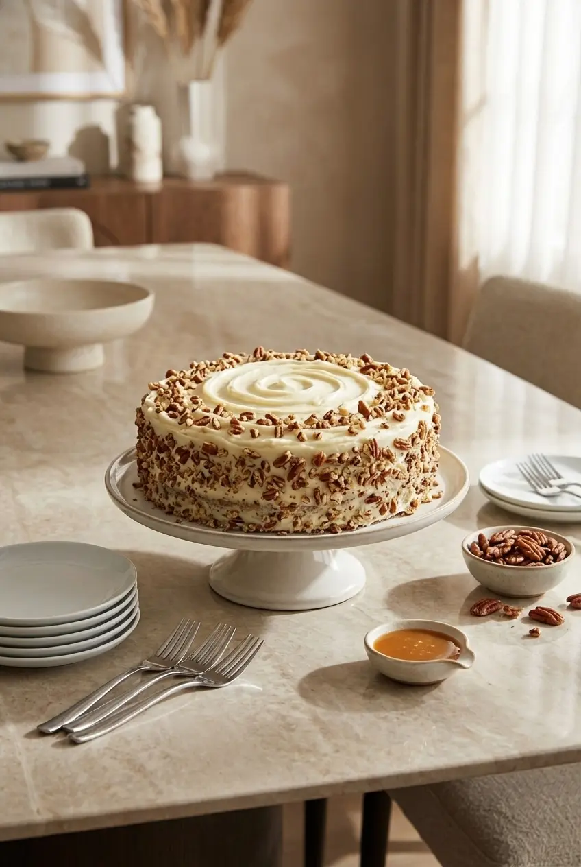 A whole Southern Creamy Banana Cake displayed on a cake stand in a bright, inviting kitchen.