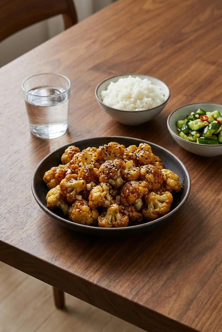 Sticky Sesame Cauliflower served in a bowl with fresh scallions for a healthy weeknight meal.