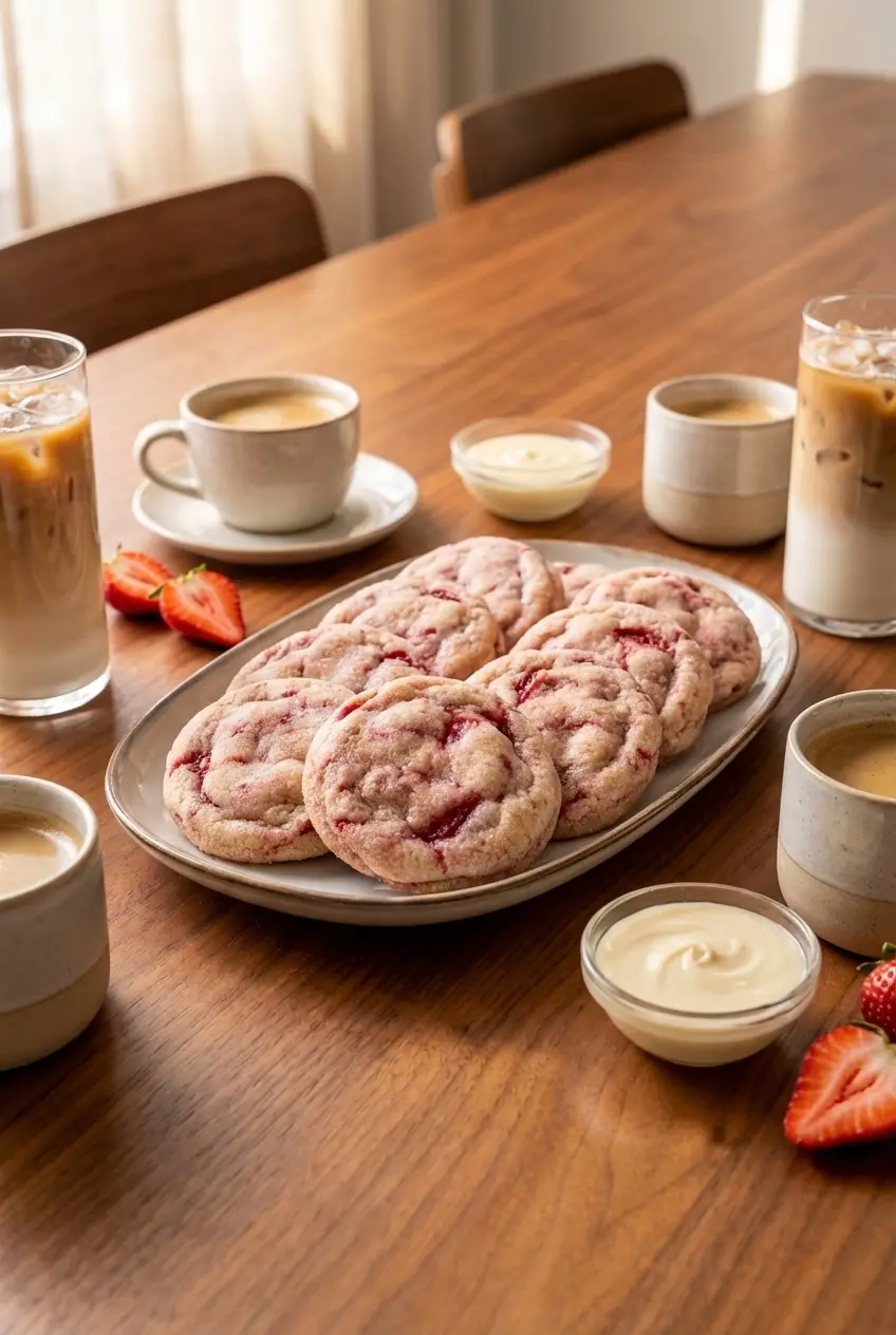 A stack of finished strawberry cheesecake cookies with a brown butter graham cracker base.