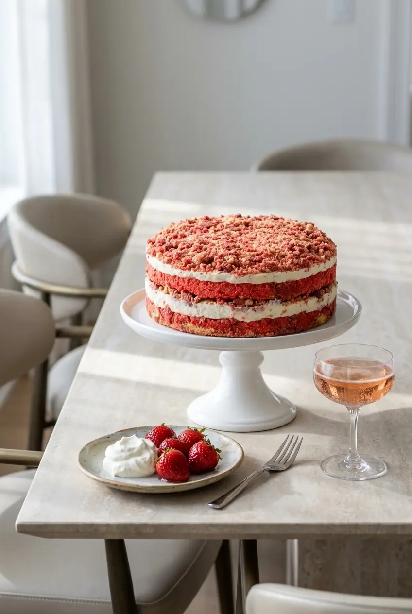 A slice of strawberry shortcake cheesecake on a dessert plate ready for serving.