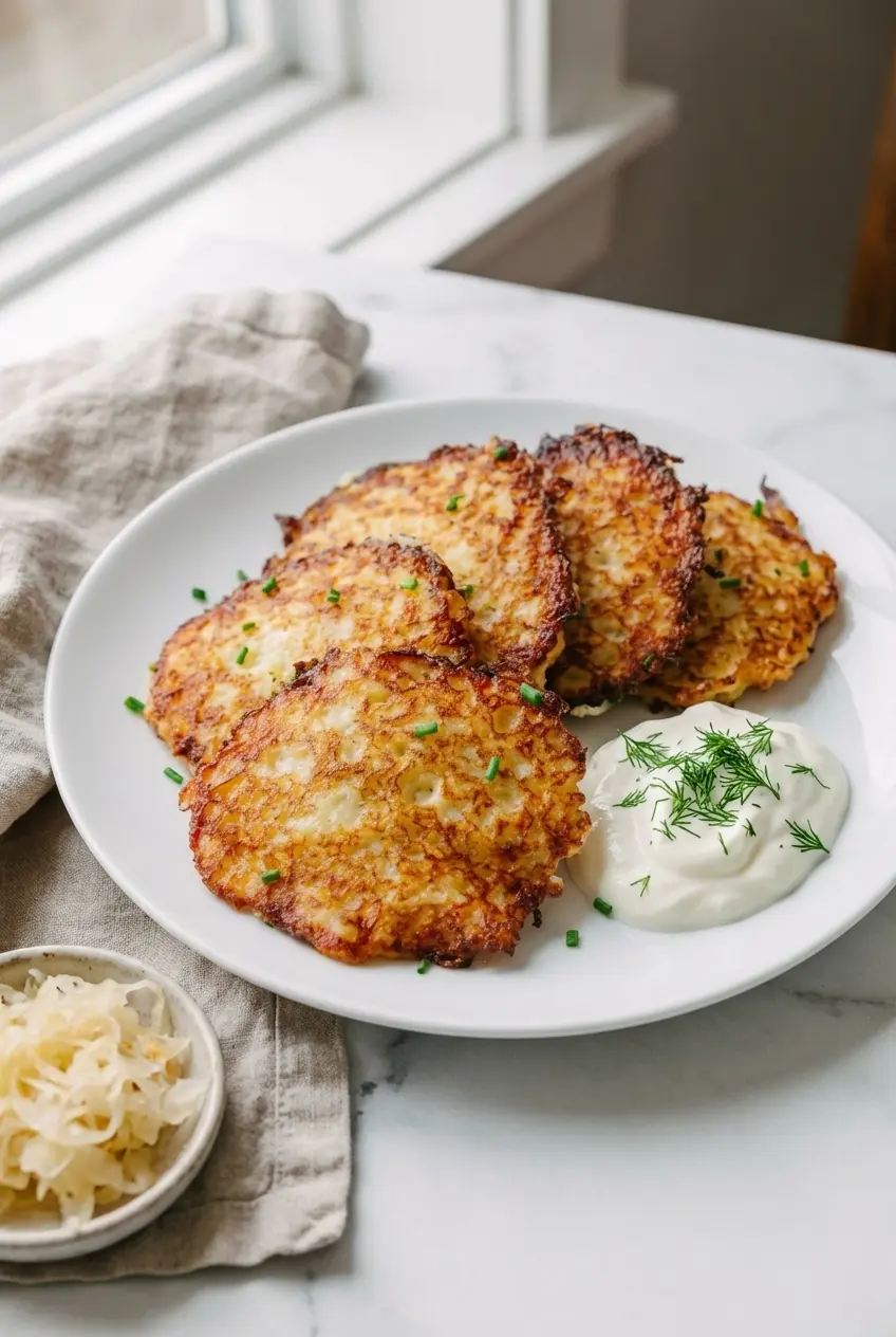 A stack of stuffed potato pancakes served warm with a side of cool sour cream and fresh herbs.