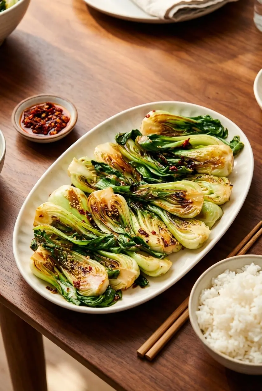 A beautifully plated sauteed bok choy recipe served in a rustic ceramic bowl for a cozy weeknight dinner.