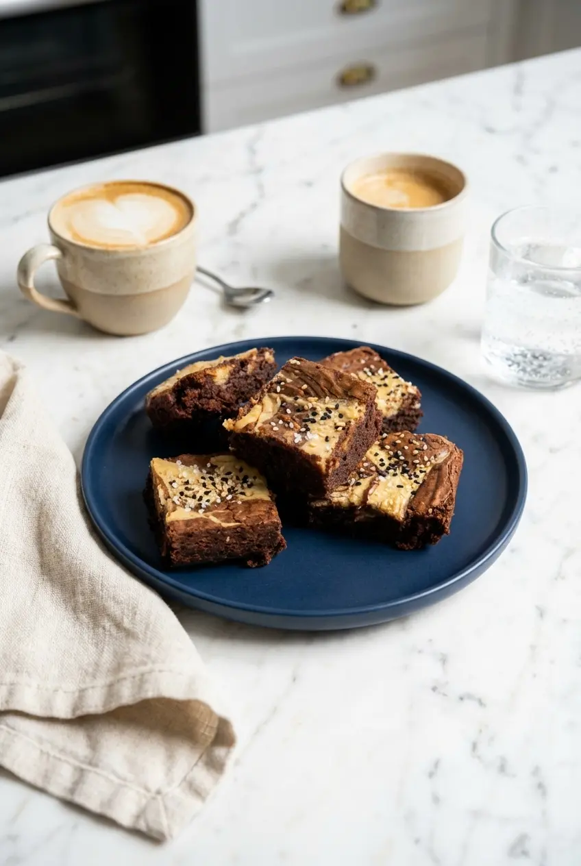 Freshly sliced Tahini Swirl Brownies served on a rustic ceramic plate alongside a hot cup of coffee, ready to be enjoyed.