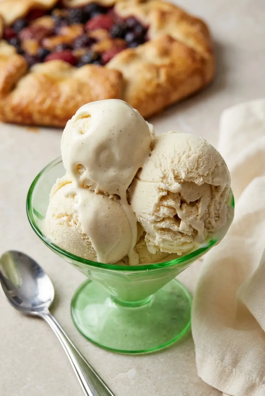 Three scoops of Tahitian Vanilla Ice Cream served in a classic glass dish, ready to be enjoyed as a cool summer treat.