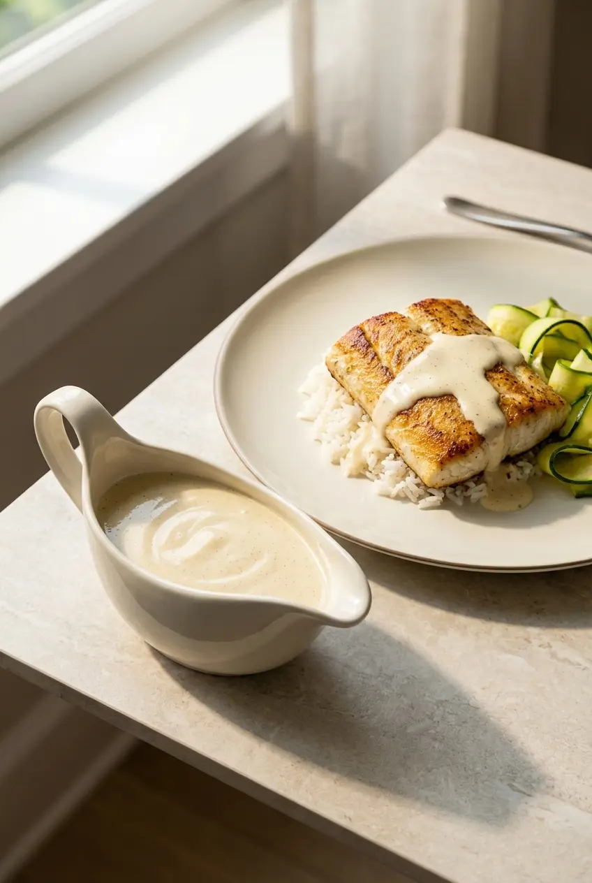 A warm boat of Tahitian Vanilla Sauce Recipe ready to be poured over pan-seared Mahi Mahi for an elegant dinner.