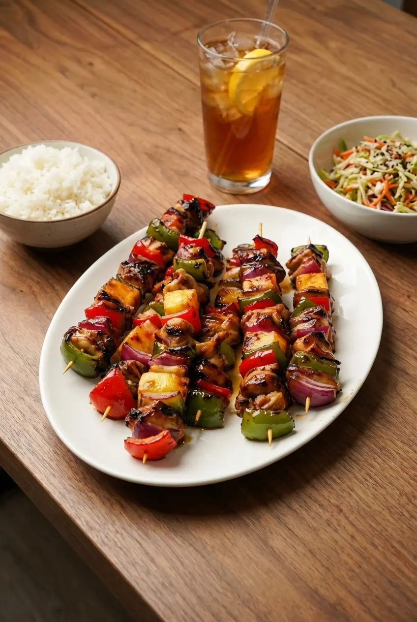Serving platter of Teriyaki Chicken Skewers on a table, ready for a family-style dinner with fresh garnishes.