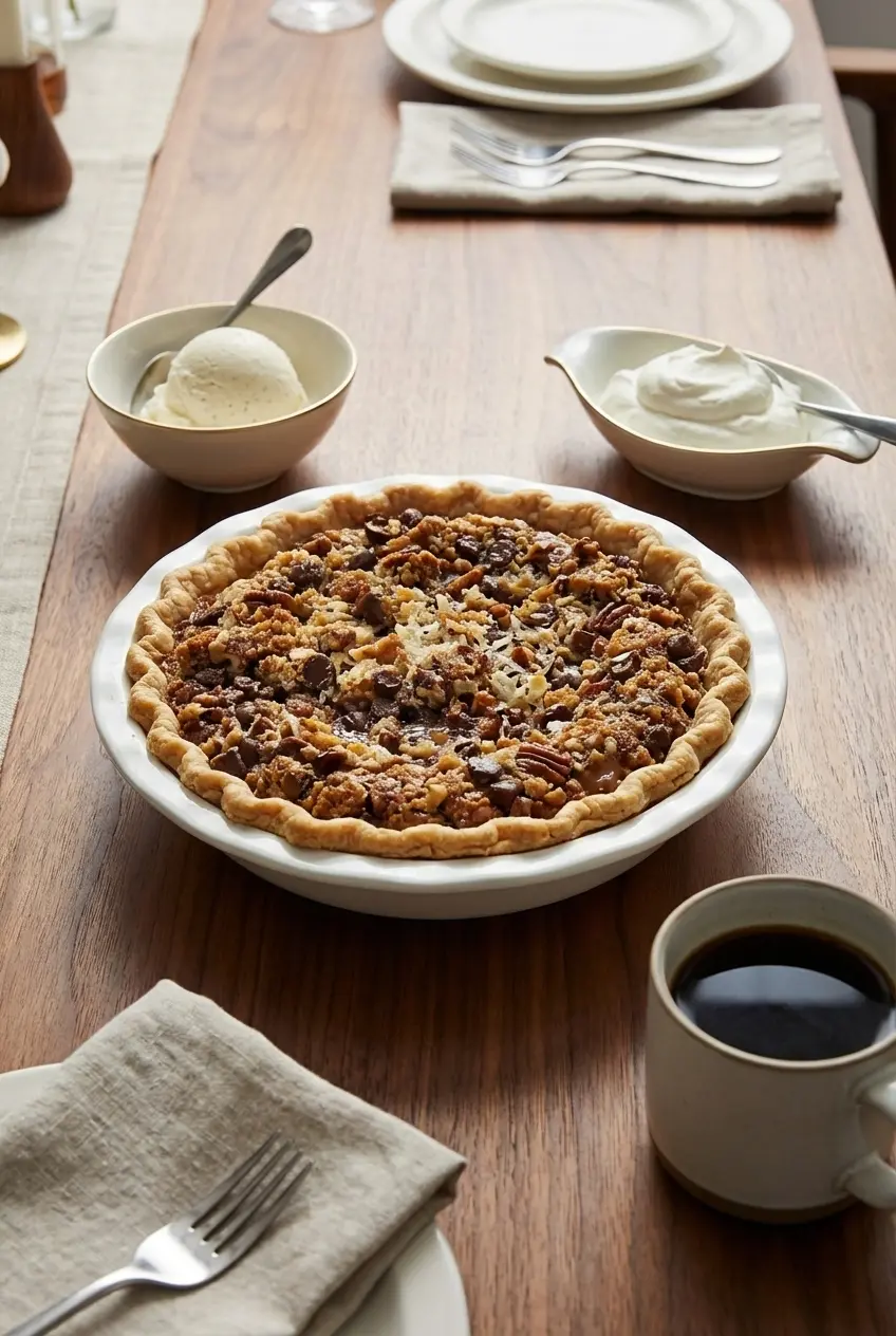 A slice of Texas Trash Pie ready to serve on a plate, showcasing the thick graham cracker crust.