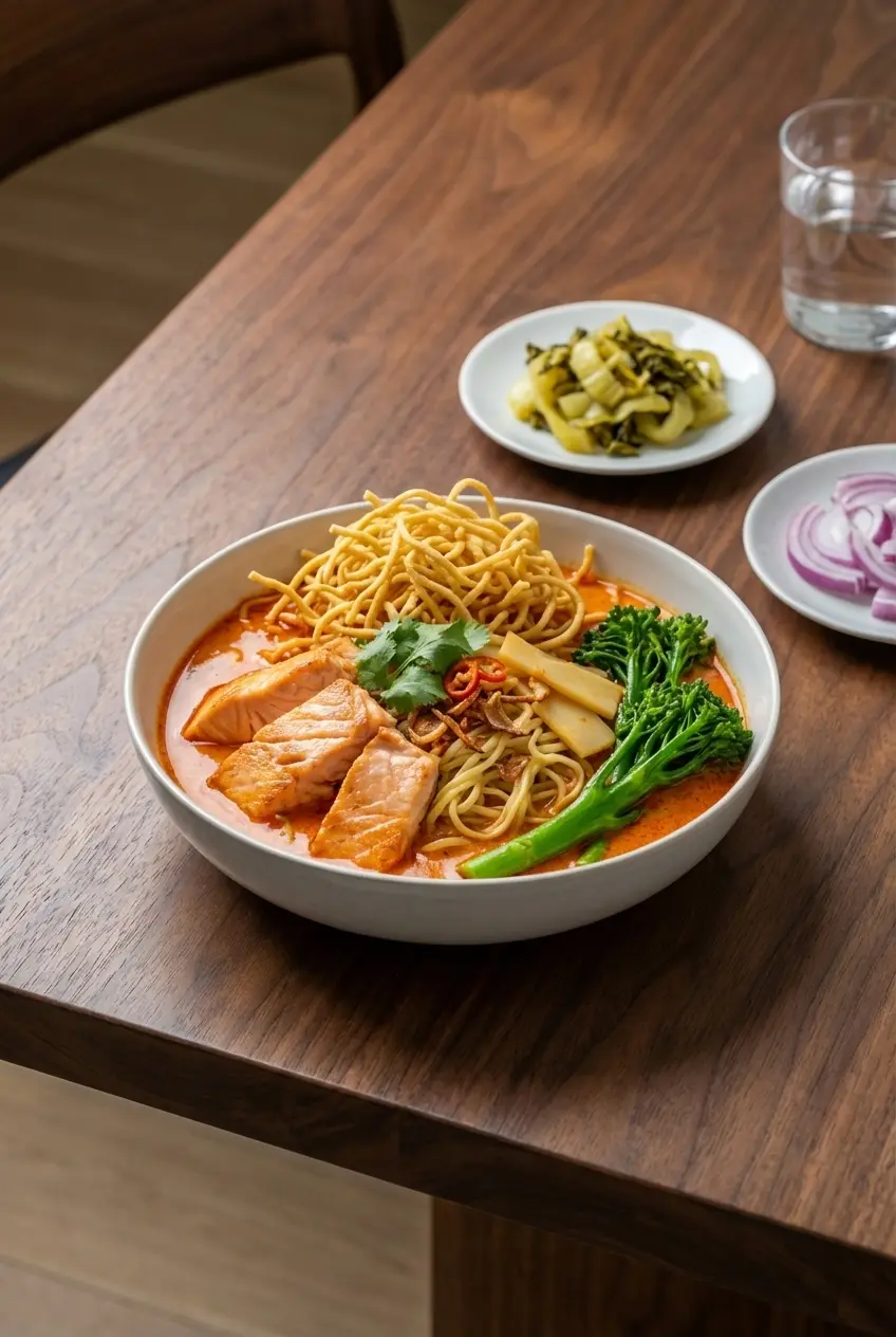 Thai Red Curry Noodle Soup served in a bowl with lime wedges and shallots on a kitchen table.