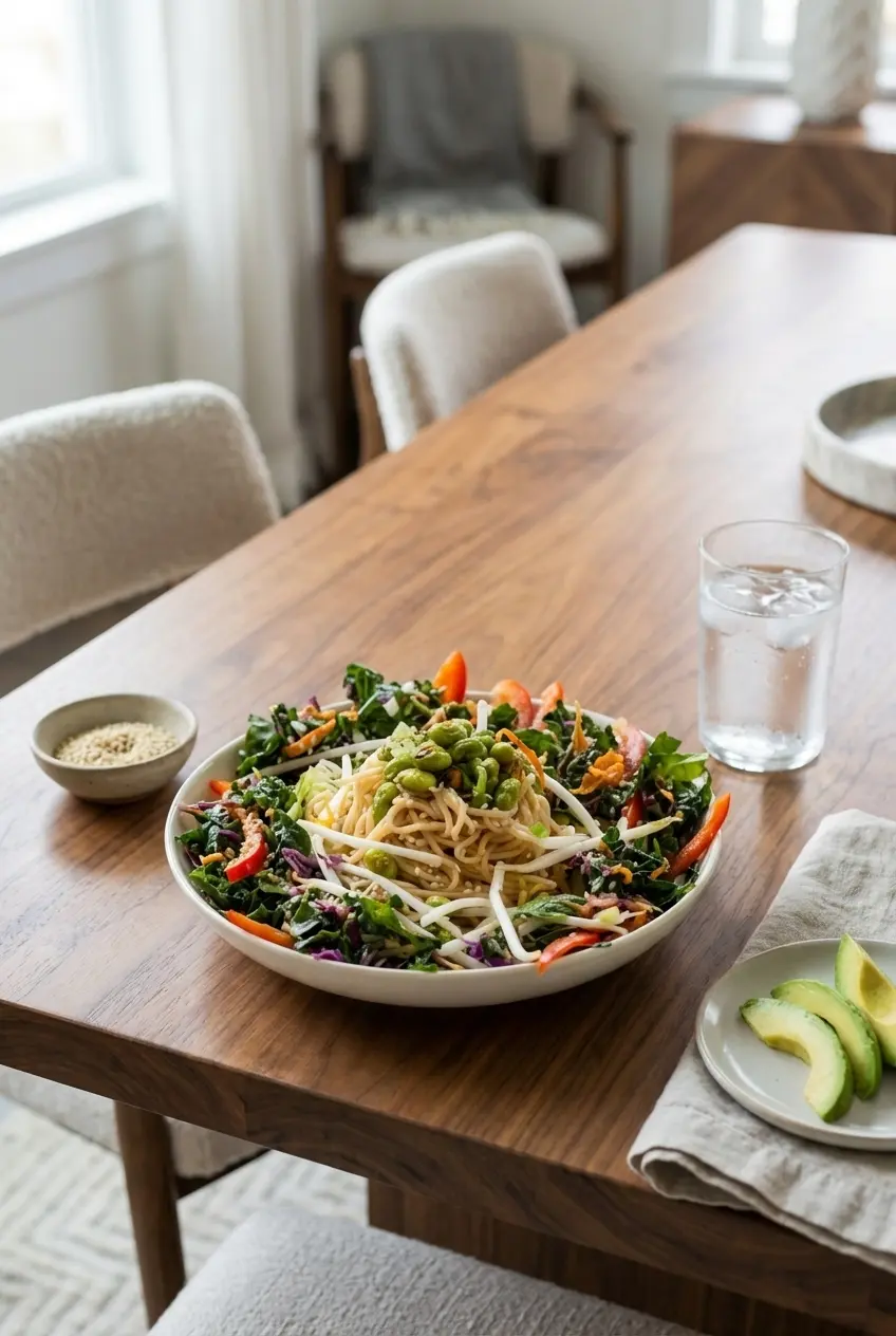 Edamame rice noodle salad portioned into a bowl, showing how to serve this colorful plant-based protein meal.