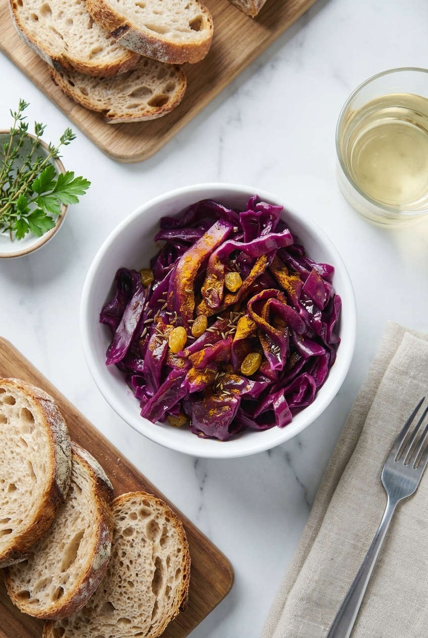 A serving of this tangy fermented cabbage recipe placed next to a rustic dinner, with a sealed jar stored in the background.