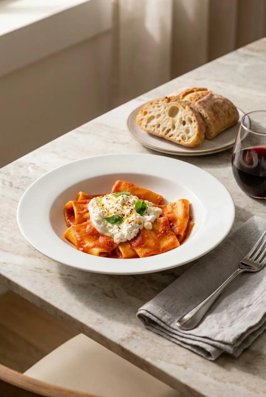 A beautifully plated portion of this burrata pasta recipe served on a rustic dining table with extra Parmigiano Reggiano.