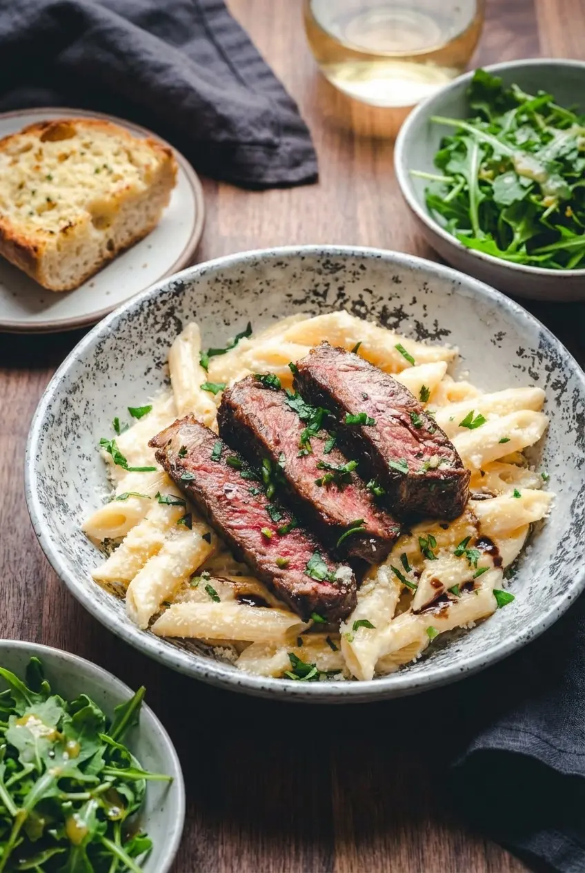 A comforting bowl of the finished steak pasta recipe topped with sliced beef cut against the grain and fresh herbs.