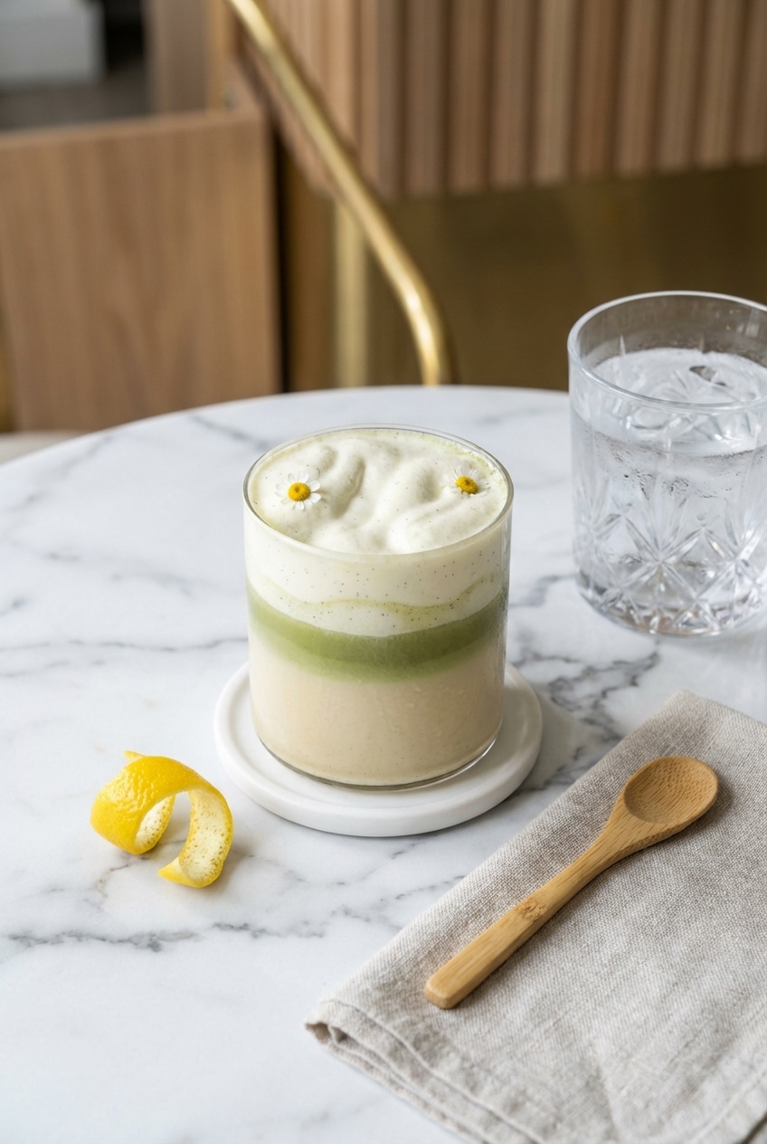 A freshly poured Yuzu Matcha Latte served over ice in a tall glass, showcasing the bright green and rich creamy layers.