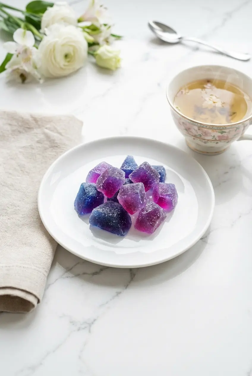 Plated edible gemstones from our japanese jelly candy recipe arranged on a ceramic dish for serving with warm green tea.