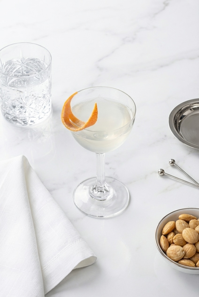 A London Calling cocktail being served in a classic coupe glass on a bar cart.