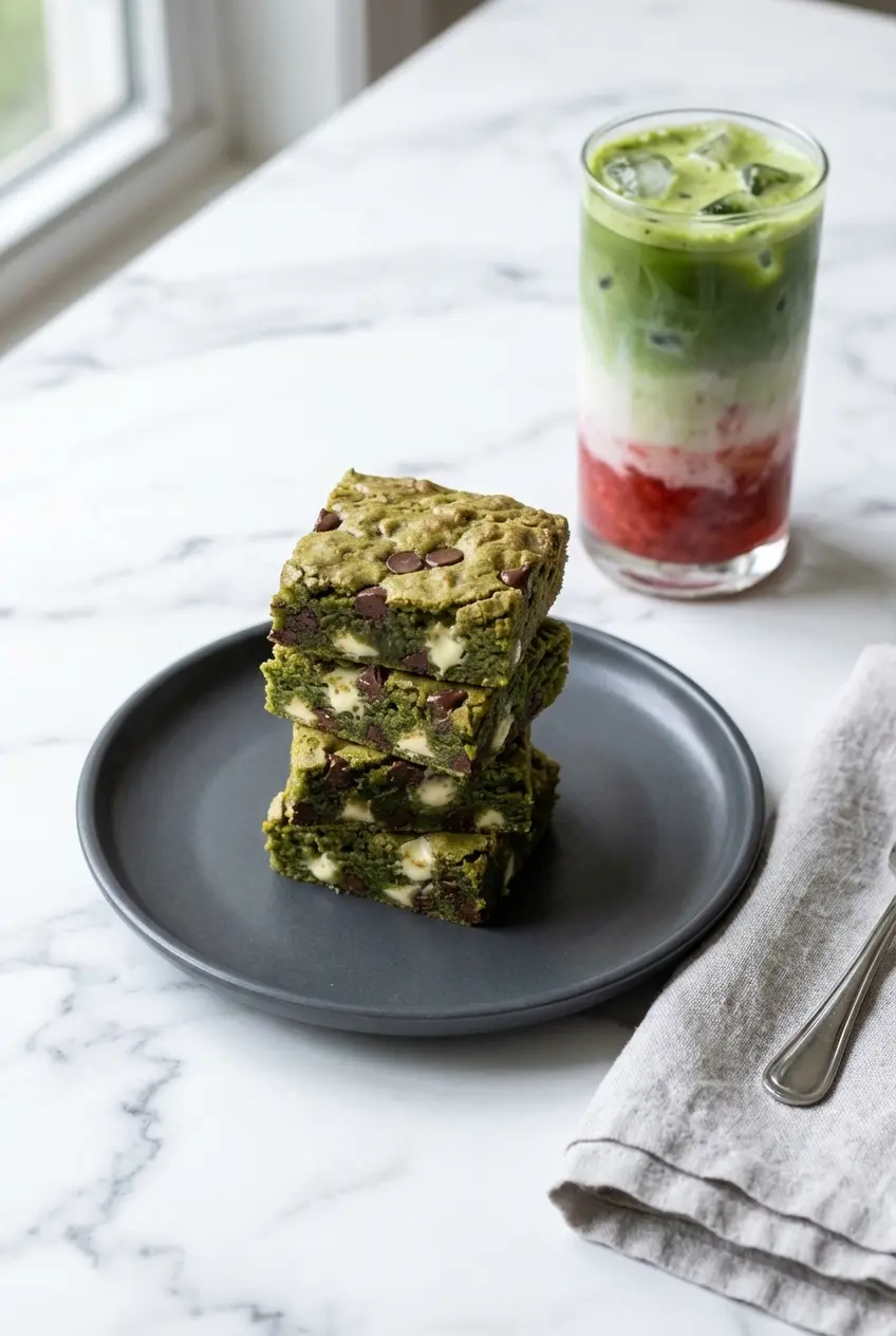 A plate of squares from this matcha brownie recipe served next to a warm cup of Japanese green tea on a cozy table.