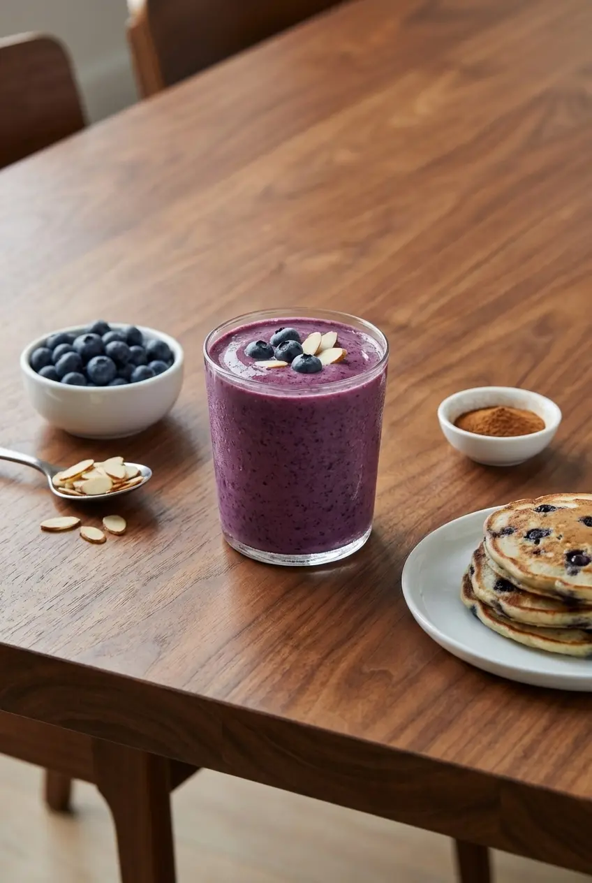 Blueberry almond milk smoothie served in a glass jar, ready for a healthy vegan breakfast.