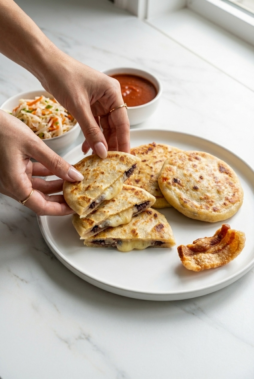 A plate of freshly made pupusas served with bowls of bright curtido and salsa roja, ready to be shared.