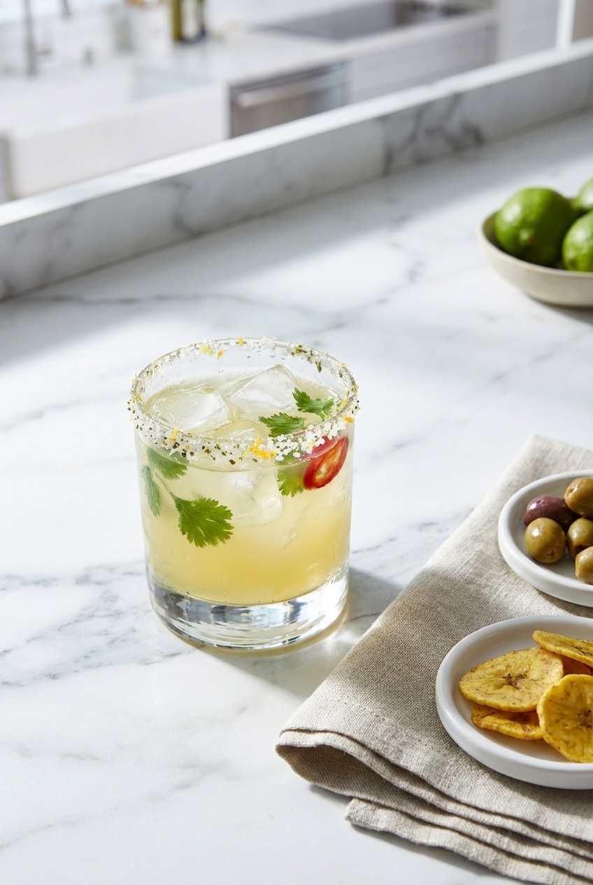 Picante Cocktail served over a large ice cube on a coaster, garnished with a chili pepper stem.