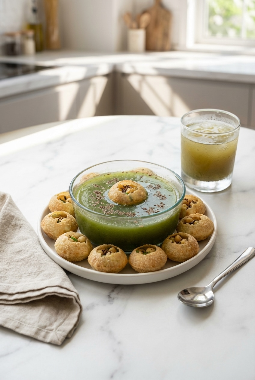 A festive spread of a Pani Puri Recipe featuring crispy shells, bowls of chilled mint water, tamarind chutney, and boondi.