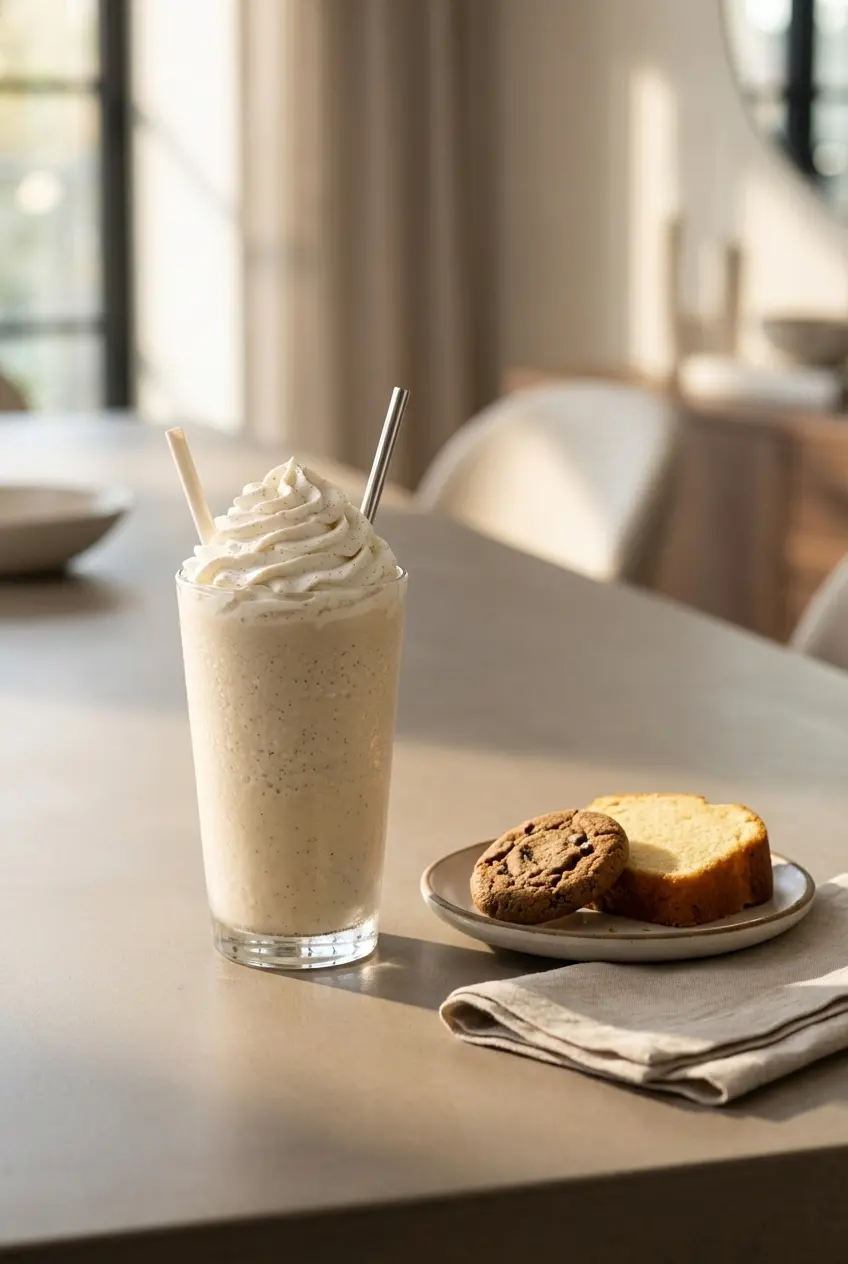 Refreshing vanilla bean frappuccino served in a tall glass with a straw and whipped cream garnish.