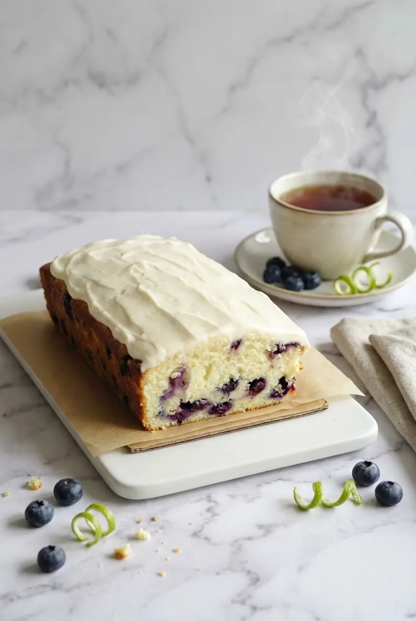 Served slices of Blueberry Lime Loaf with Cream Cheese Frosting on a clean ceramic plate for dessert.