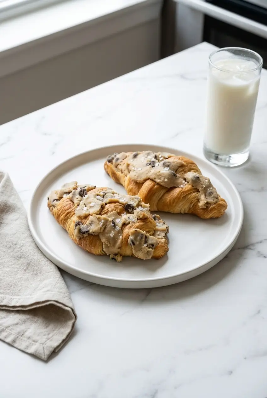 A warm TikTok Cookie Croissant Recipe dusted with powdered sugar and served on a cozy cafe table.