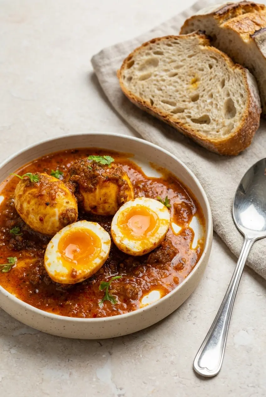 A bowl of TikTok egg boil ready to eat, garnished with fresh herbs alongside a napkin and serving spoon.