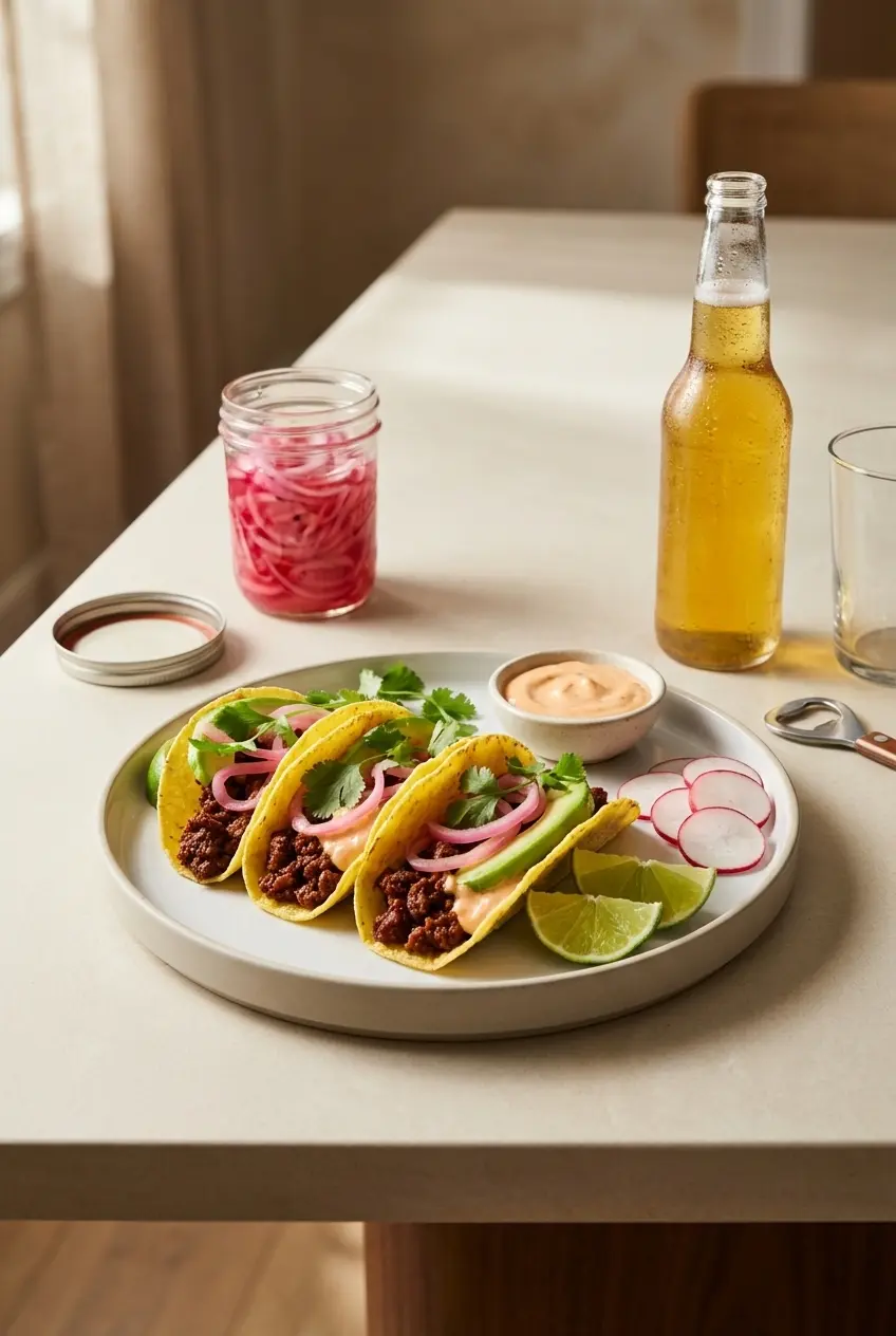 A platter of vegan chipotle beef tacos arranged with lime wedges and dairy-free condiments.