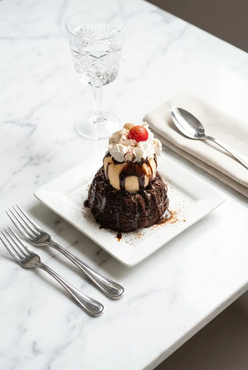 A plated chilli chocolate lava cake served warm with fresh berries, ready to be enjoyed as a luxurious after-dinner treat.