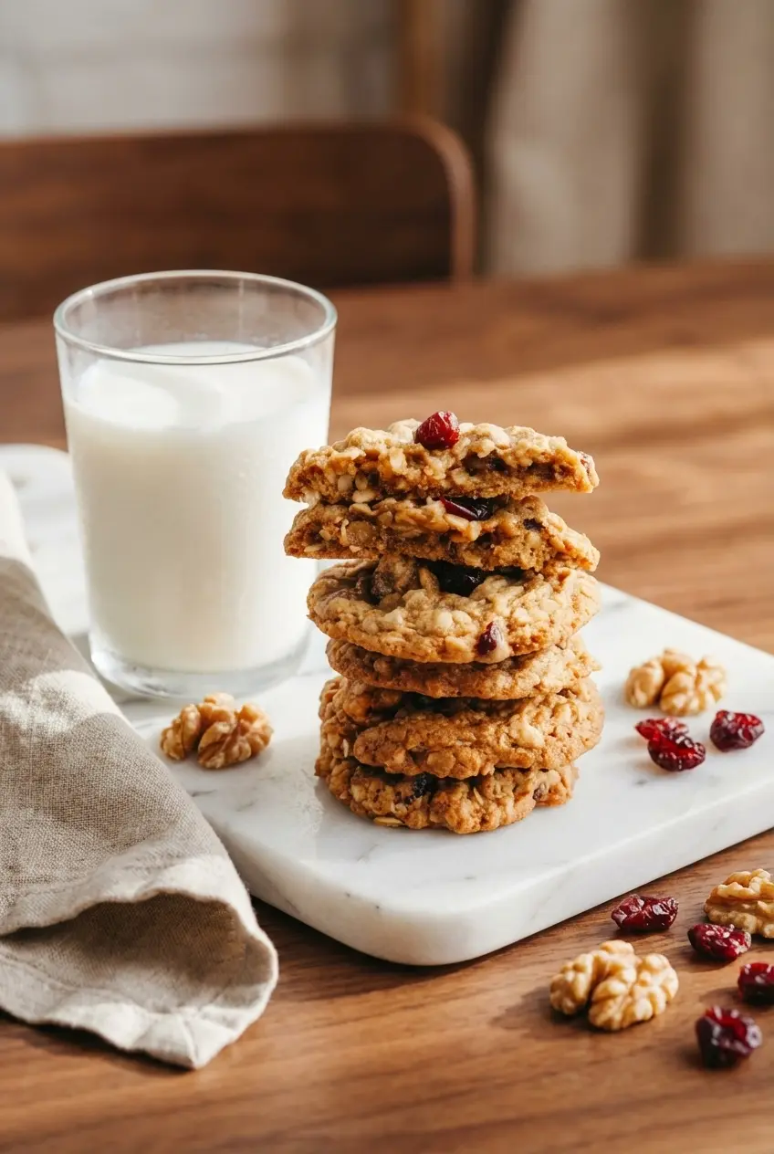Two freshly baked oatmeal cranberry cookies resting on parchment paper beside a warm mug of tea.