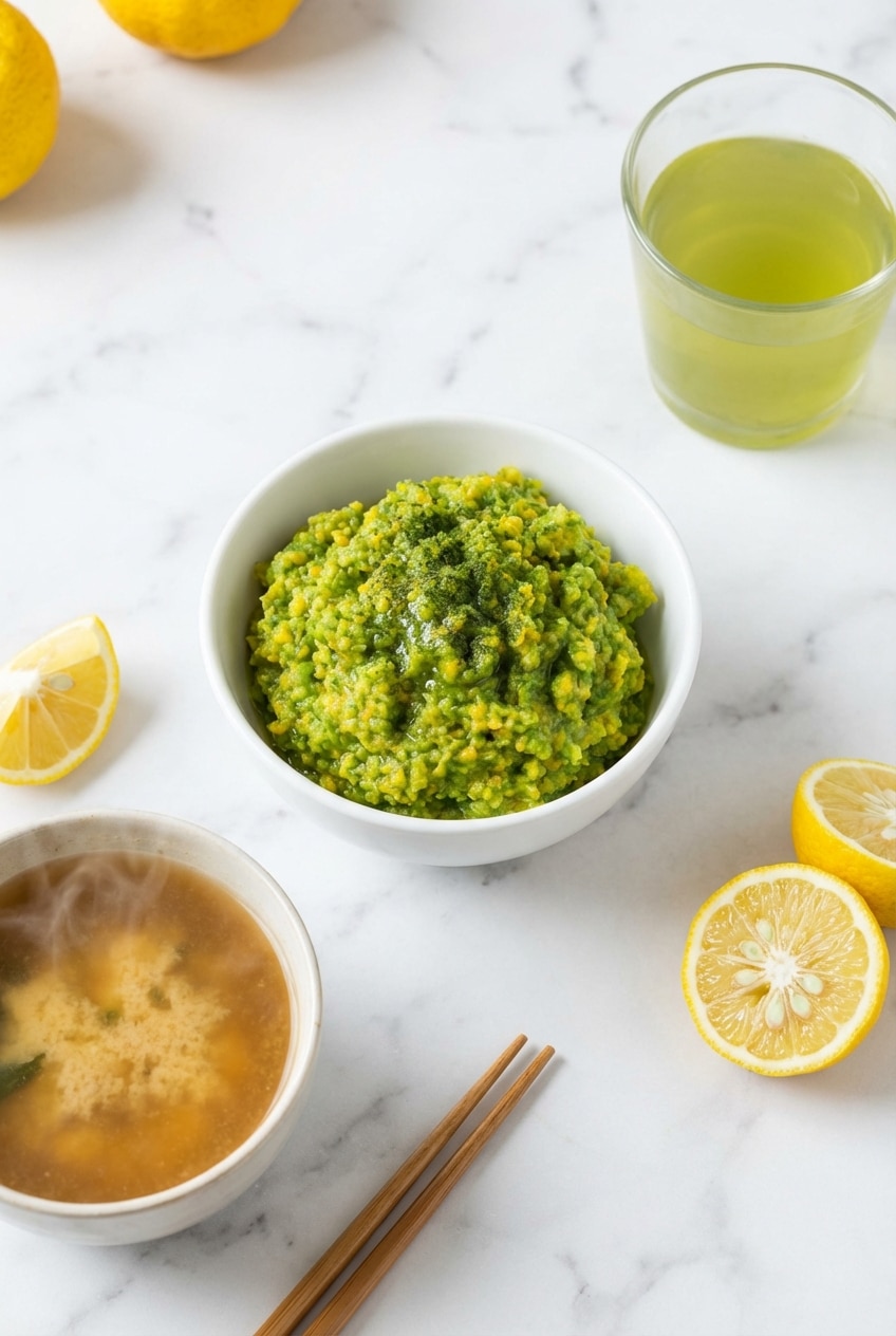 A small dish of the finished yuzu kosho recipe alongside grilled meats, showcasing how to serve the fermented condiment.