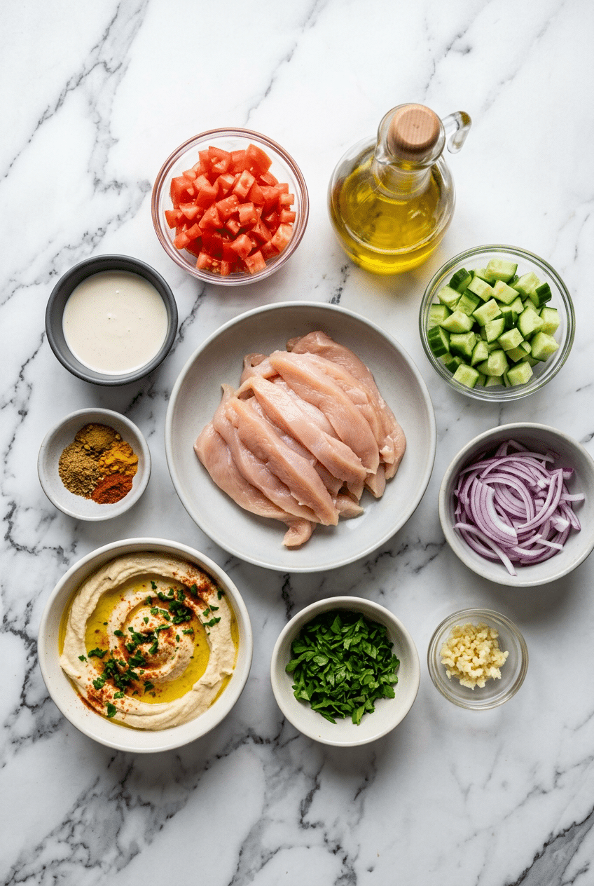 Ingredients for chicken shawarma bowls laid out, including raw chicken thighs, Greek yogurt, and a bowl of shawarma seasoning.