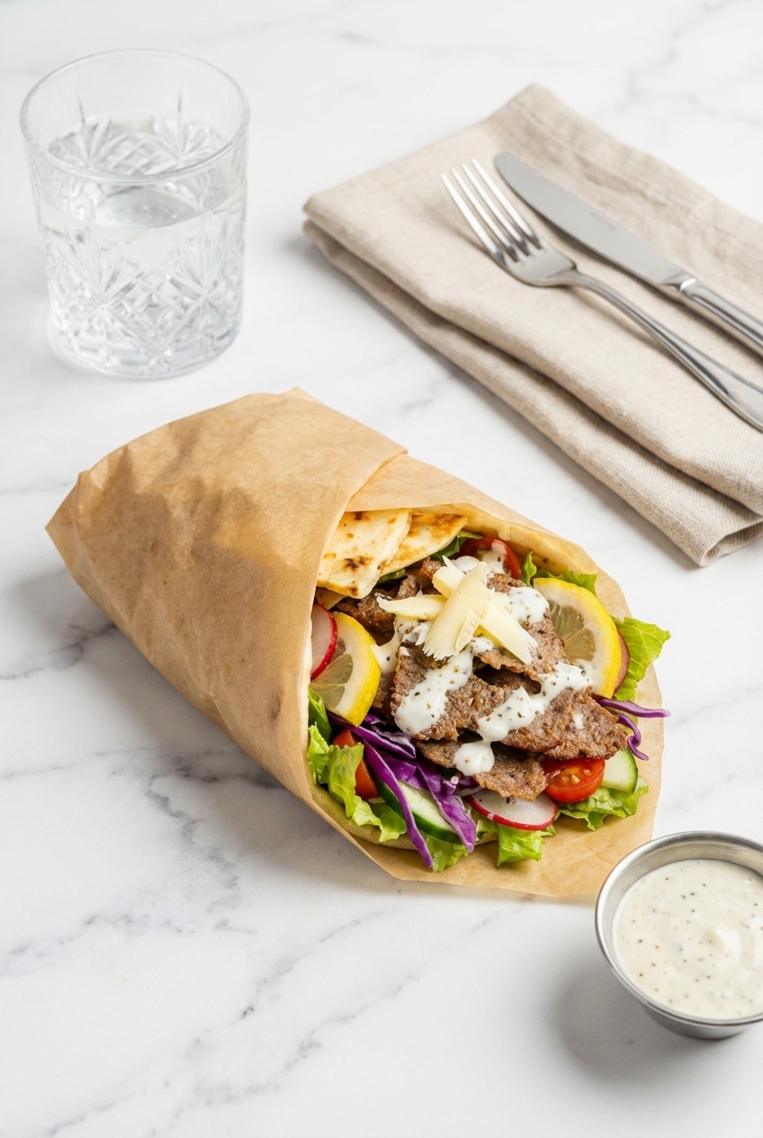 A finished sheet pan dinner of Parchment Doner Kebab ready to be served with fresh sides.
