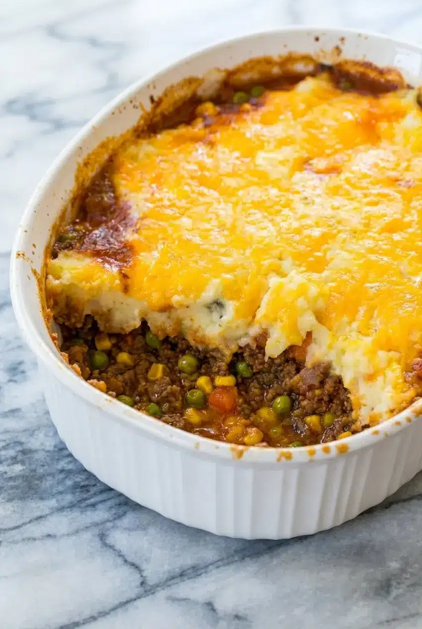 A close-up of the Shepherd's Pie Casserole showing the caramelized tomato paste and beef broth base.