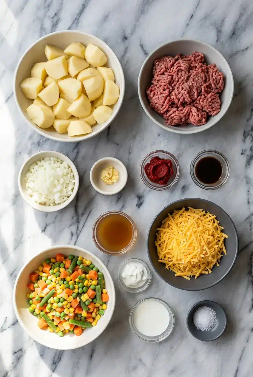 Ground beef, mirepoix, tomato paste, and beef broth prepared for Shepherd's Pie Casserole.