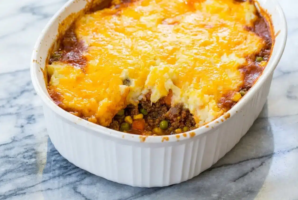 Shepherd's Pie Casserole featuring a rich smoked paprika base and a golden mashed potato crust.