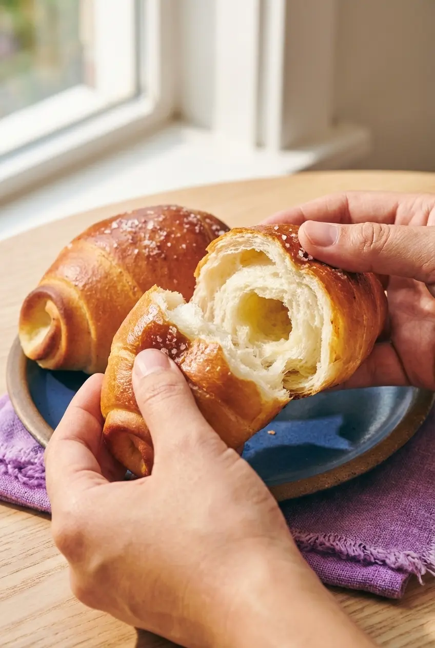 Torn open Shio Pan Recipe showing a fluffy crumb and the signature melted butter hole inside.