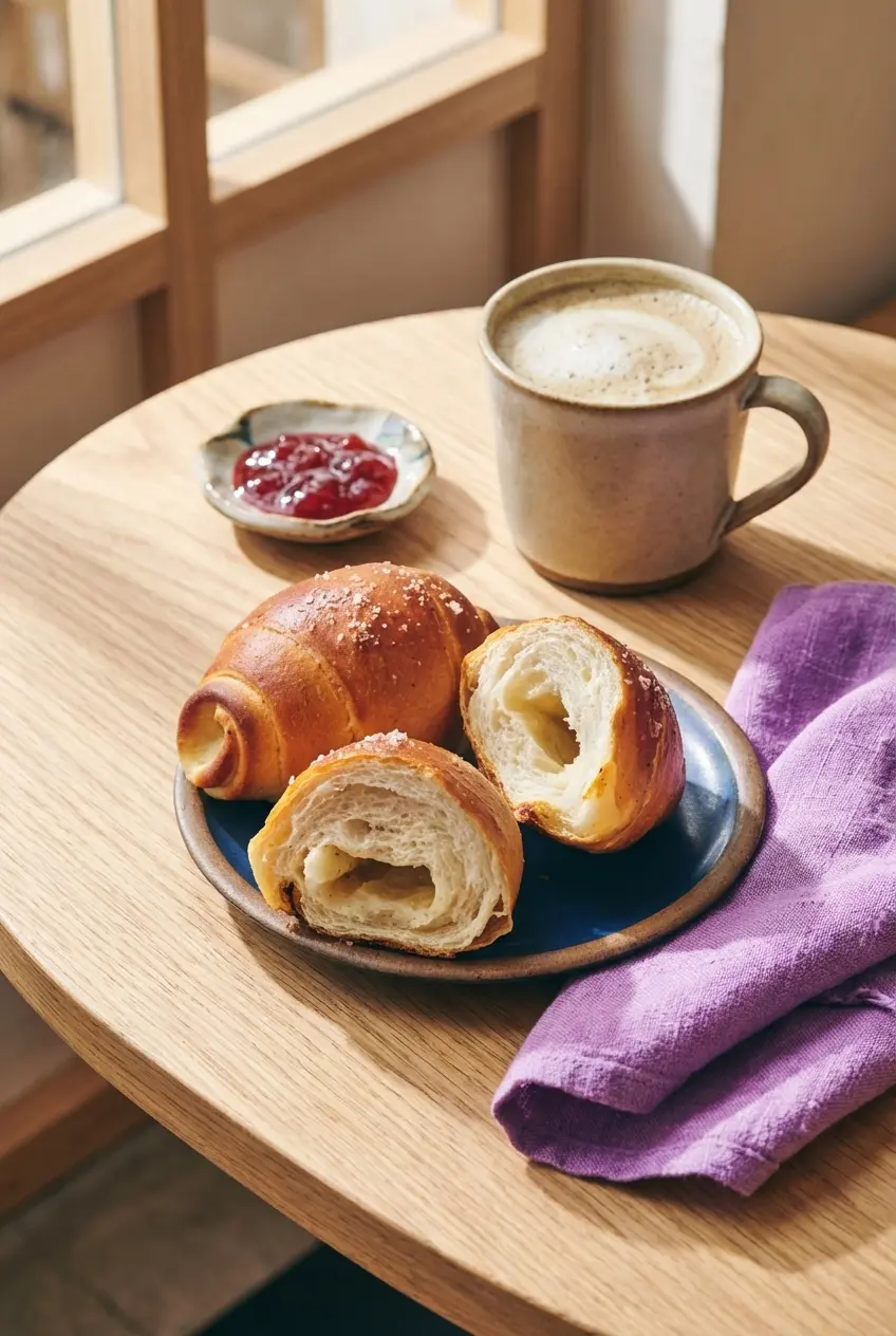 A basket of freshly baked Shio Pan Recipe rolls on a rustic wooden table alongside a cup of hot coffee.