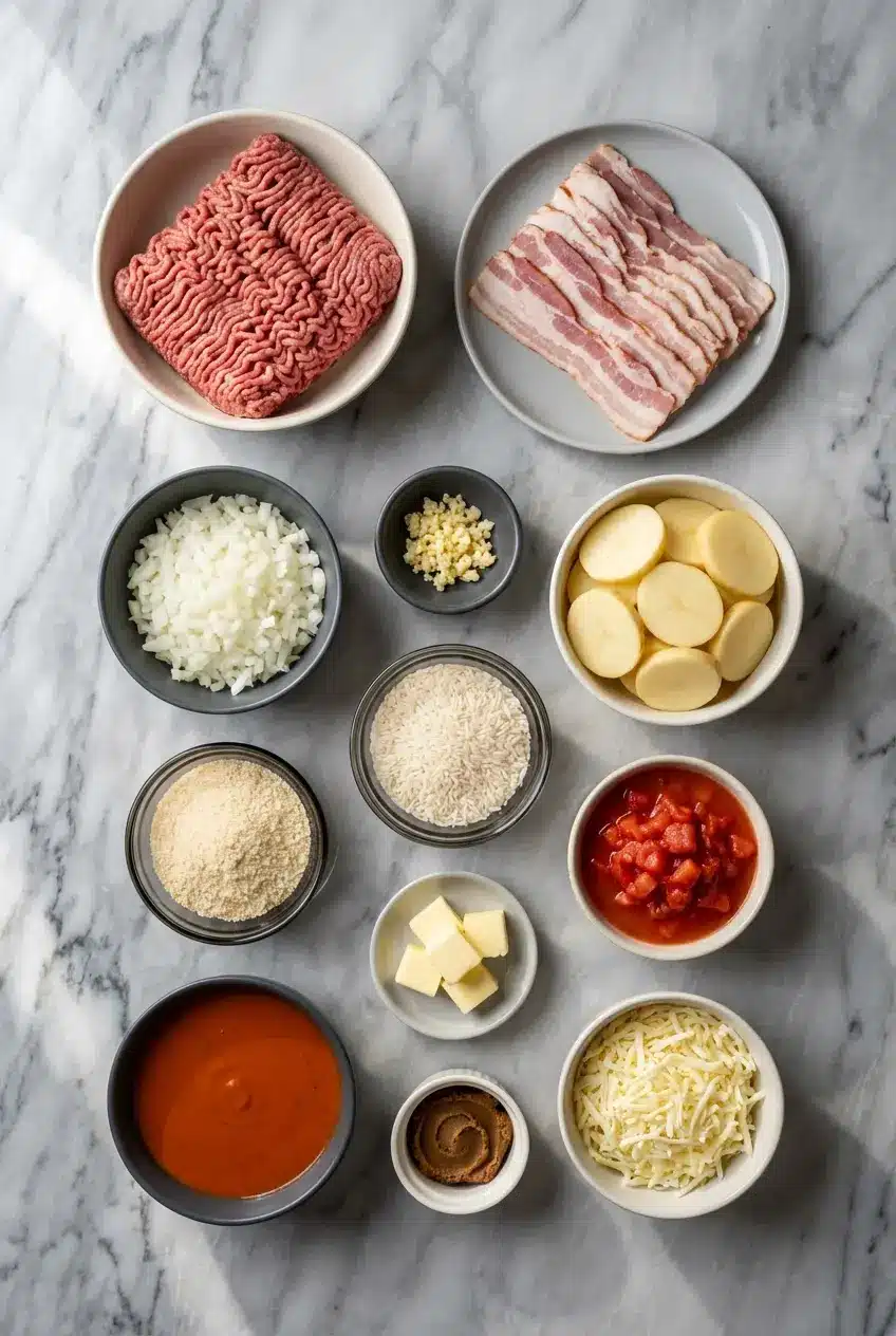 Raw ingredients for Shipwreck Casserole including ground beef, russet potatoes, long-grain white rice, and bouillon.