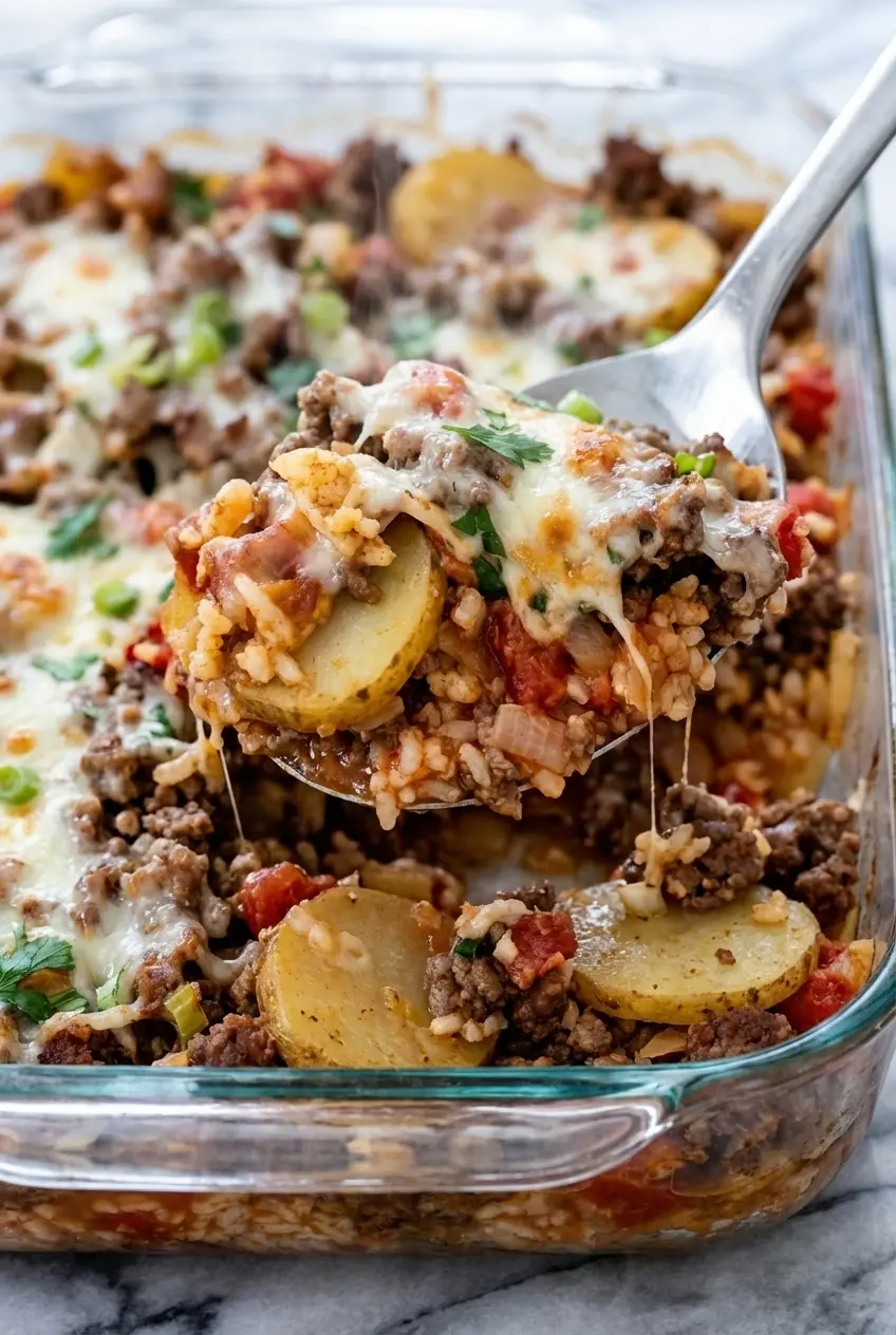 Close-up of tender russet potatoes in Shipwreck Casserole coated in a savory, golden tomato sauce.