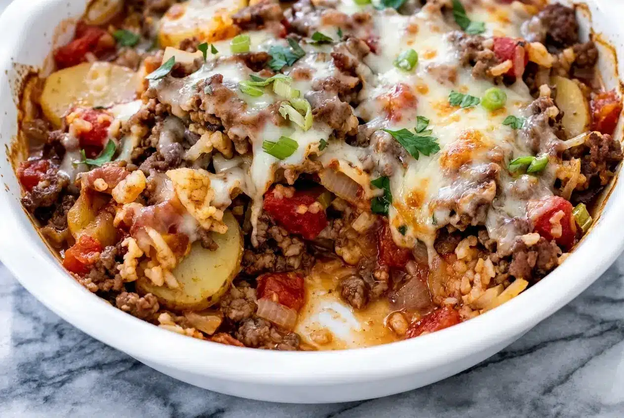 Layered Shipwreck Casserole in a baking dish showing the rich, umami-boosted deglaze over ground beef and potatoes.