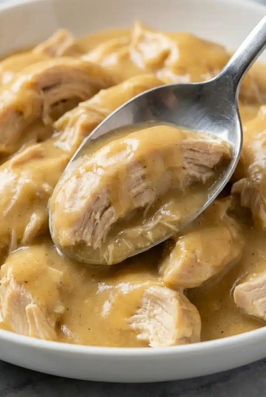 Tender shredded chicken coated in a silky sauce for slow cooker chicken and gravy.