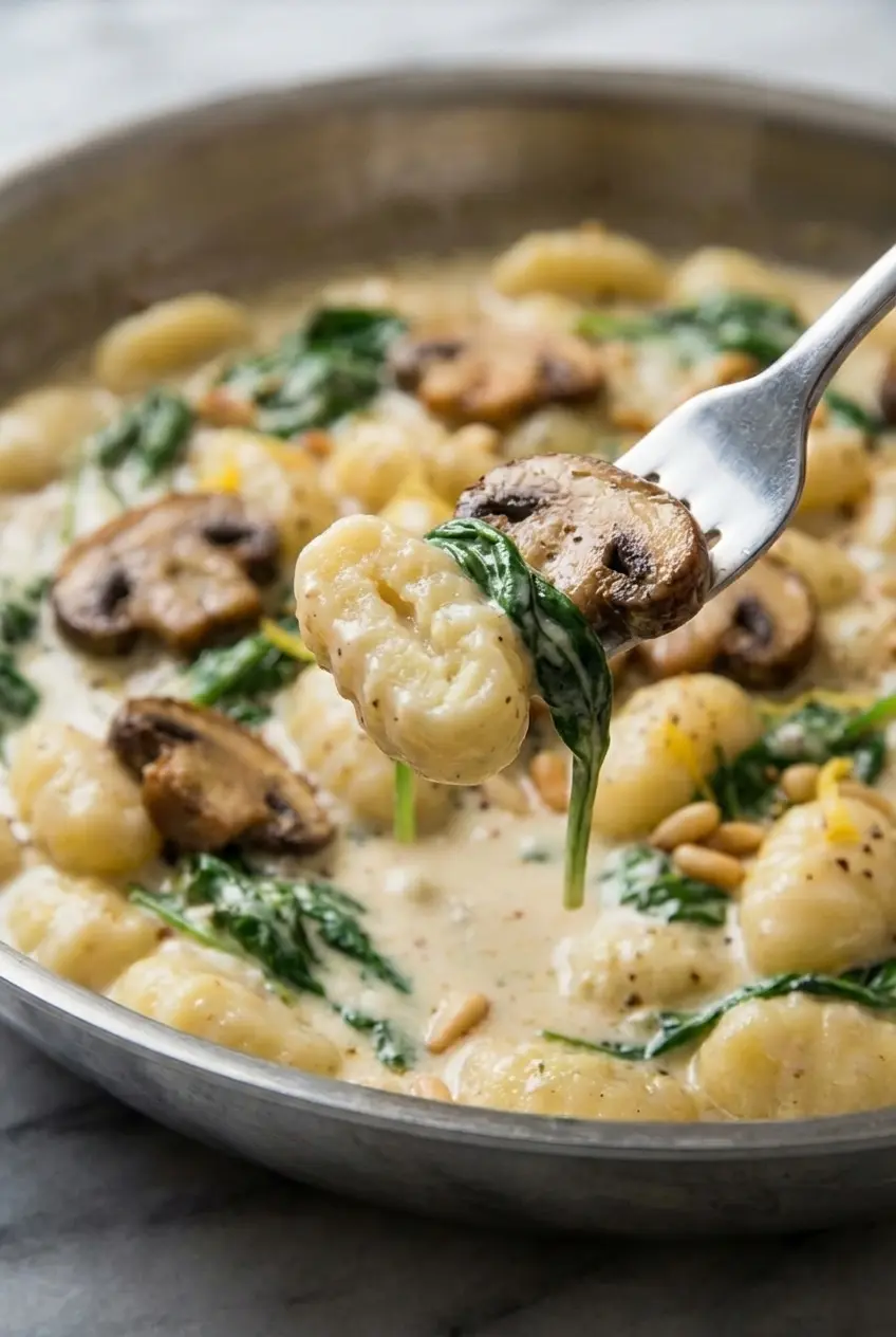Stirring Creamy Spinach and Mushroom Gnocchi in a skillet to achieve a smooth, emulsified sauce.