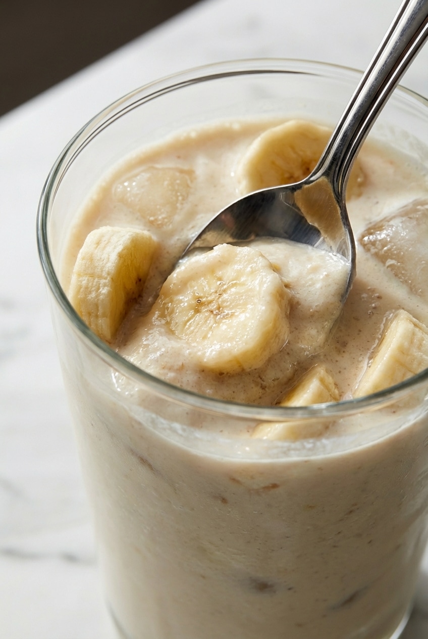 A close-up view of a thick vanilla protein shake recipe being poured, showing its perfectly smooth and silky texture without lumps.